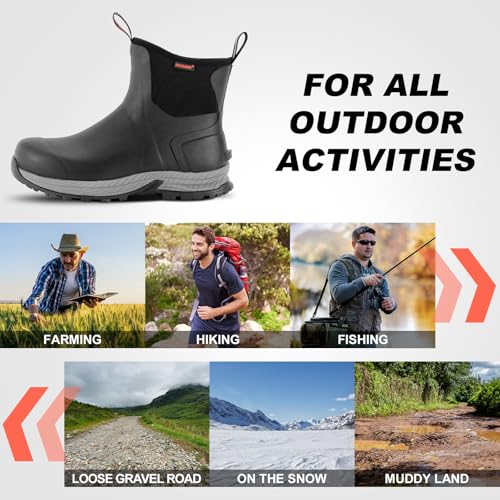 Showave Regenstiefel für Herren, wasserdicht, für Ausflüge, Gummistiefel, isoliert, Schlamm, Booties für Trekking, Gartenarbeit, Landwirtschaft, Camping, Angeln und Arbeit, Schwarz, 43 EU