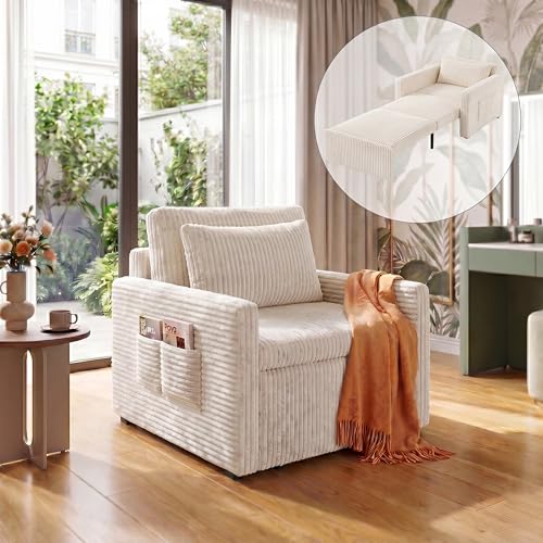 Xbro 3-in-1 Schlafsessel mit Schlaffunktion, Ausziehbares Schlafsofa 1 Sitzer, Bettsofa mit Schlaffunktion, Cord Sesselbett mit Kissen, Klappbares Sofa für Wohnzimmer, Schlafzimmer, Beige