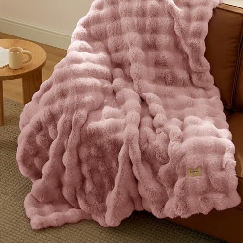 Image of Bedsure Fluffy Bubble Faux Fur Throw XL Blanket, 50 inchx70 inch, Dusty Rose
