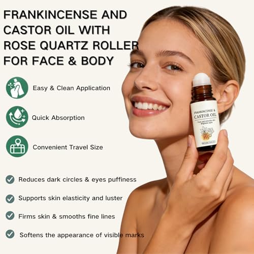 Frankincense and Castor Oil Rose Quartz Roller, Organic Castor Oil Cold- Pressed, Organic Castor Oil Roll On Face & Body, Firms, Smooths Skin, Reduces Wrinkles, Dark Circles & Puffiness