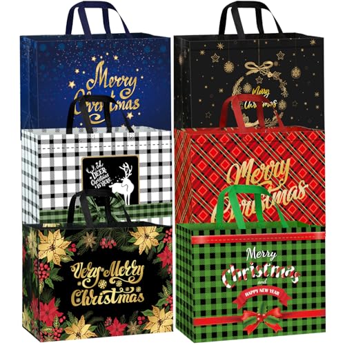 DECHISY 6 Pack Extra Large Christmas Bags with Handles Reusable Non-Woven Tote Bags for Xmas Party Favors Holiday Shopping New Year Presents Wrapping 43 * 32 * 17.3 cm