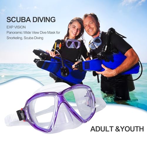 Image of Snorkel Diving Mask Panoramic HD Swim Mask, Anti-Fog Scuba Diving Goggles,Tempered Glass Dive Mask Adult Youth Swim Goggles with Nose Cover for Diving, Snorkeling, Swimming (Clear Purple)