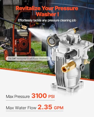 Image of VEVOR Pressure Washer Pump, 3 /4 inch Shaft Horizontal, 3100 PSI, 2.35 GPM, Replacement Power Washer Pumps Kit with Hardware and Siphon Tube, Compatible with Simpson, Honda, Troy-Bilt, Generac and Delta