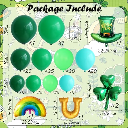 Image of 160Pcs St Patricks Day Green Balloons Arch Garland Kit with Lucky Shamrock Clover /Hat /Rainbow /Horseshoe Jumbo foil balloons for Saint Patrick's Day Irish Festival Party Decorations