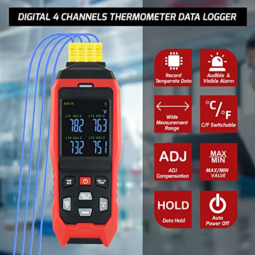Thermocouple Thermometer Data Logger 4 Channels Digital K Type Thermometer With 5000 Groups Programmable Temperature Recording -328~2501℉ Measuring Range, Audible & Visible Alarm Adj Compensation #TOP1