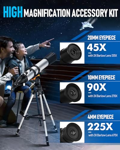 Image of Sararoom Telescope for Adults High Powered, 90mm Aperture 900MM Refractor Telescope for Kids & Beginners, Portable Travel Telescope with Stainless Tripod, Phone Adapter, Wireless Remote