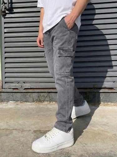 Image of JMIERR Men's Elastic Waist Cargo Jeans Stretch Denim Pants with Drawstring Relaxed Fit for Casual Daily Wear