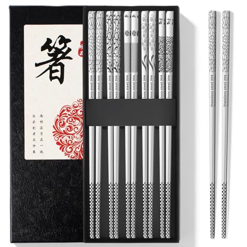 Reusable Metal Chopsticks – Premium 304 Stainless Steel, Non-Slip & Dishwasher Safe – Lightweight, Durable, Japanese & Korean Style – 5 Pairs, 9.25 Inches, Elegant Gift Set