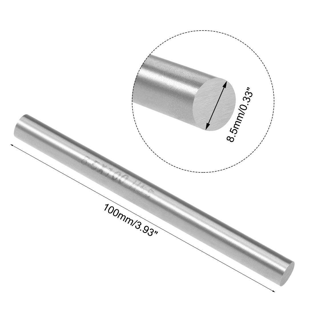 sourcing map Lot de 2 tiges rondes en acier HSS de 8,5 mm, 100 mm de long, pour arbre d'engrenage, tours, aléseuse, axe miniature, goupille cylindrique, outil de bricolage
