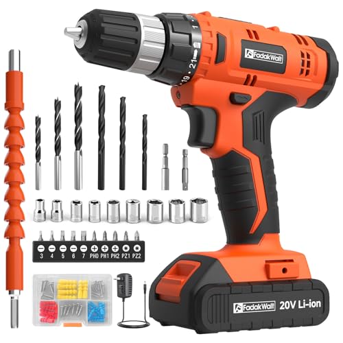 FADAKWALT 20V Cordless Drill Set ，Powerful Drill bit Sets,Torque 30N,21+1 Torque Setting,3/8” inch Keyless Chuck, 40pcs,Electric Drill with 2.0AH Li-Ion Battery and LED Light.