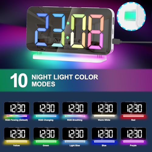 Sukeen 7.4" LED Digital Alarm Clock, Mirror Clock with 11 Colors Time Display, 10 Modes RGB Night Light, USB C Charger Port - Image 3