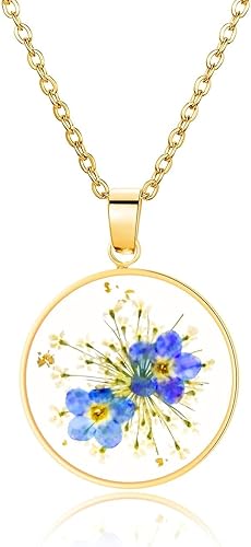 Forget-Me-Not and Queen Anne's Lace Pressed Flower Necklace,Handmade Gold Pressed Flower Necklace, Unique Resin Birth Flower Necklace for