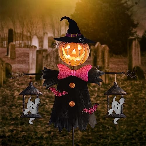 LIGHTSHINE Metal Scarecrow Shape Halloween Jack O' Lantern, Solar Halloween Yard Decorations Outdoor, Solar Pathway Stake Halloween Lights Decor for Garden, Farmhouse, Patio, Yards