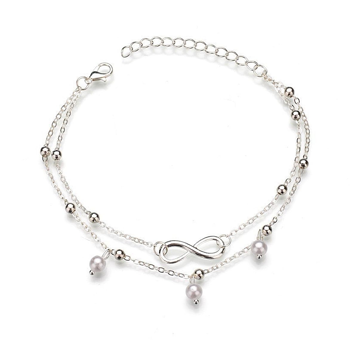 Genericboho Double Anklet Silver Pearl Ankle Bracelet Beads Chain