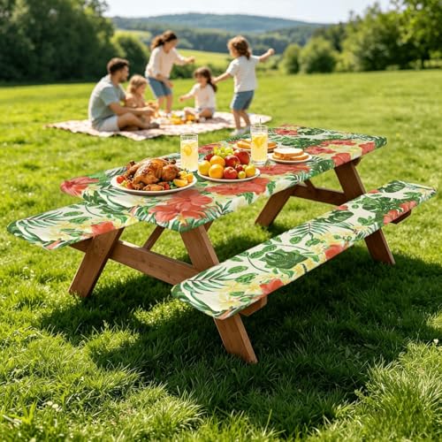 Mantel de mesa con fundas de banco diseño tropical y floral para comer al aire libre 8