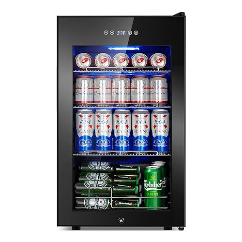Image of Beverage Refrigerator 17 inch Wide - 126 Can Beverage Cooler with Glass Door | Counter-Top /Freestanding Mini Beverage Beer Fridge | Temperature Memory | Invisible Door | Perfect for Soda,Beer