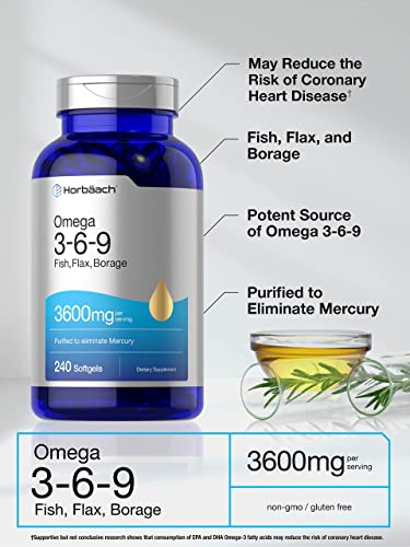 Triple Omega 3-6-9 240 Softgels | From Fish, Flaxseed, Borage Oils | Non-Gmo & Gluten Free | By Horbaach #TOP2