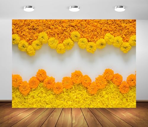 BELECO 7x5ft Fabric Orange Marigold Flowers Backdrop Petals Rangoli Decor for Diwali Festival Background Indian Diwali Theme Party Decorations Banner Photoshoot Studio Props