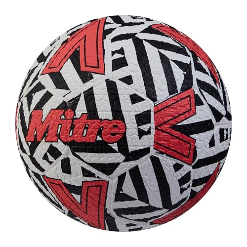 Mitre Street-Soccer-Fußball | Äußerst strapazierfähig | Perfekt für Hartplätze Fußball, Weiß/Schwarz/Bib-Rot, 5