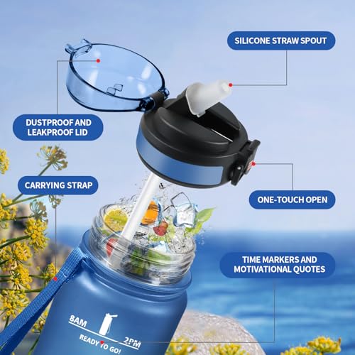 Trinkflasche 500ml, Wasserflasche mit Strohhalm, Auslaufsicher, Einhandöffnung, Kohlensäure Geeignet, Sport Trinkflasche mit Zeitmarkierung, Perfekt für Reisen, Camping, Schule, Radfahren, Büro