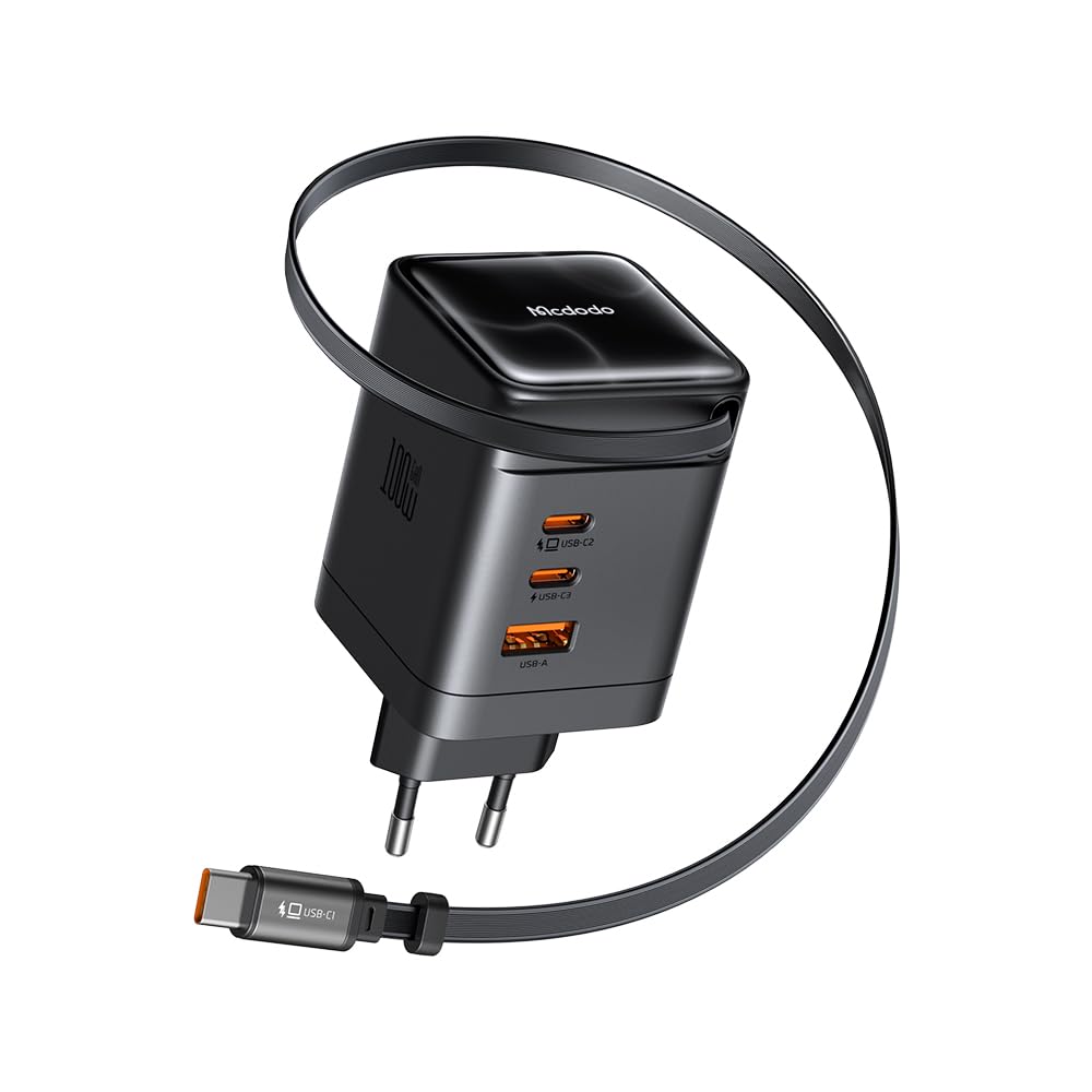 Mcdodo 100W Caricatore USB C con Cavo Retrattile, Alimentatore GaN 4-Porte Caricatore Veloce con Cavo Retrattile da 70cm per MacBook Pro/Air, iPhone 17/16/15/14, Galaxy S25/S24, iPad Pro, Steam Deck