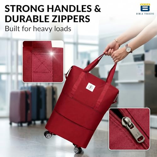 Image of Btag Travel Duffle Bag with Wheels | Convertible Handbag, Trolley & Shoulder Luggage for Clothes | Space-Saving Foldable Travel Companion | Expandable & Waterproof Traveling Bag for Unisex (Wine Red)