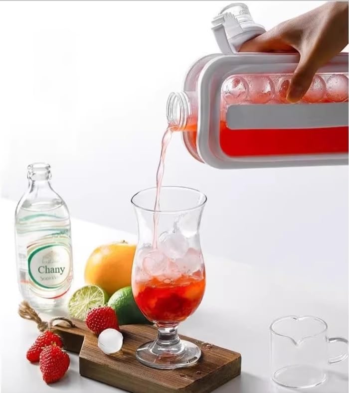 2-in-1 ice Bottle - Circular Pebble ice Making Mold, Cooling with ice Container, Leak Proof BPA Free, Suitable for Beverages, Coffee, Beer, Whiskey, and soda Water (Pink 1.2L)