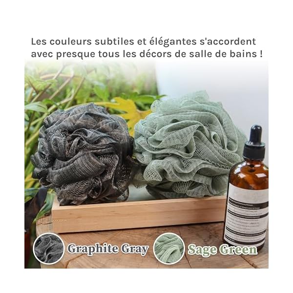 myHomeBody Grande éponge Loofah 70g, éponge de bain, éponge pour le corps, Eponge exfoliante - Pouf de douche pour le lavage du corps avec charbon actif - 2 Graphite Gray + 1 Sage Green, 3 Packs
