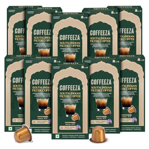 Image of Coffeeza South Indian Filter Coffee Capsules | 80% Coffee 20% Chicory Blend | Intensity 8 | Medium-Dark Roast | Caramel, Chocolate & Earthy Notes | Original Line Compatible Pods (Box of 100 Capsules)