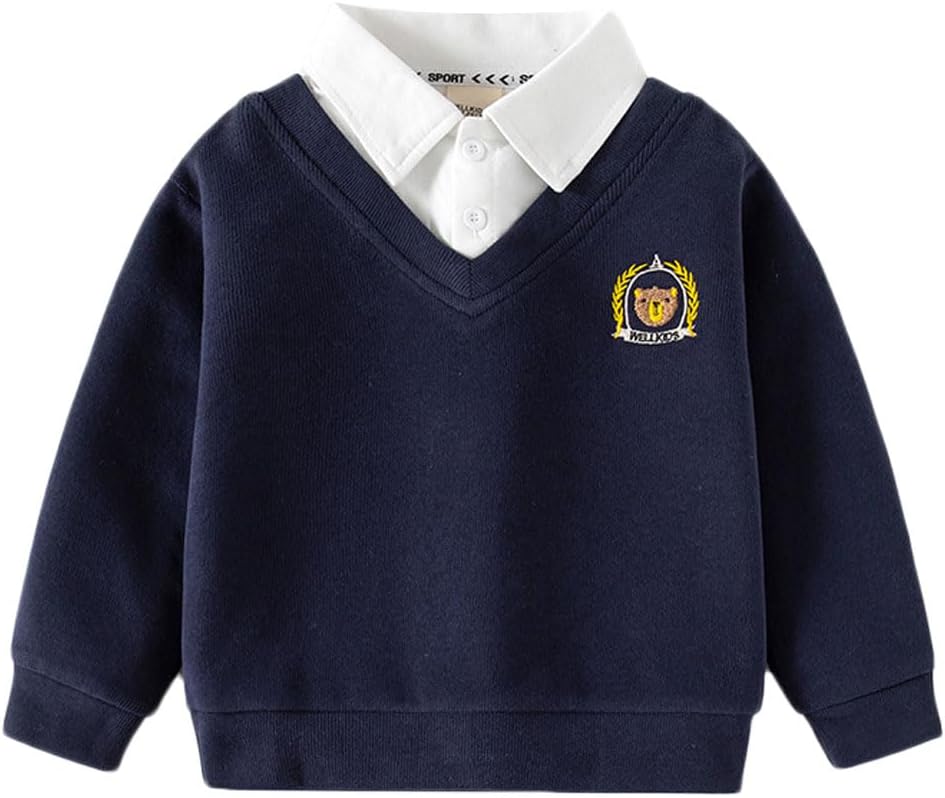 Boys Cotton Lapel Button Down Long Sleeve Pullover Tops Sweatshirts,Dark Blue White,4-5T