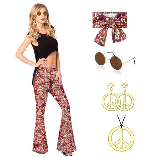 Funmo Juego de 5 piezas de disfraz hippie para mujer, pantalones de los años 70, disfraz hippie, disfraz de mujer de los 60 años, ropa hippie, pantalones boho para carnaval, vestido, discoteca