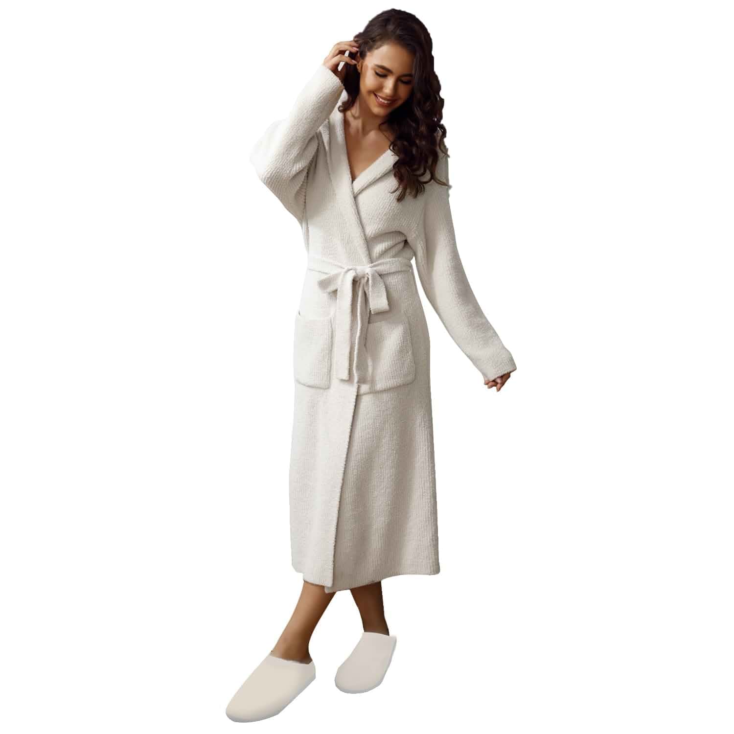 MH MYLUNE HOME Ultra Soft Robes for Women with Pockets, Womens Robe Plush Hooded House Robes for Women Calf-Length, Spa Bath Robe, Cozy Comfy Fluffy Fuzzy Robe for Women, Womens Bathrobe