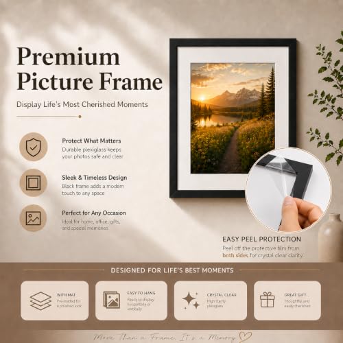 Image of JCJMY 11x17 Picture Frame with 9x15 Mat, Black 11 x 17 Poster Frame with Shatter Resistant Plexiglass, Display 9 x 15 with Mat or 11 by 17 Without Mat, Sturdy Wall Hanging Frame, 1 Pack