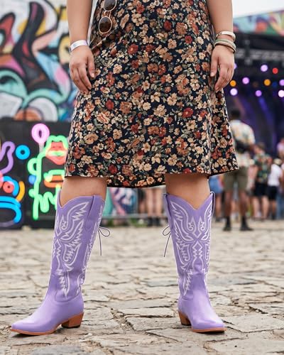 Image of Uillnoodu Wide Calf Cowboy Boots Women Adjustable Lace Up Knee High Tall Plus Size Cowgirl Boots Western Style Comfortable 2-Inch Heel