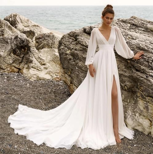 Beach Long Sleeve Wedding Dresses for Bride Long Boho Bridal Gown with Slit V Neck A Line Bridesmaid Dresses2
