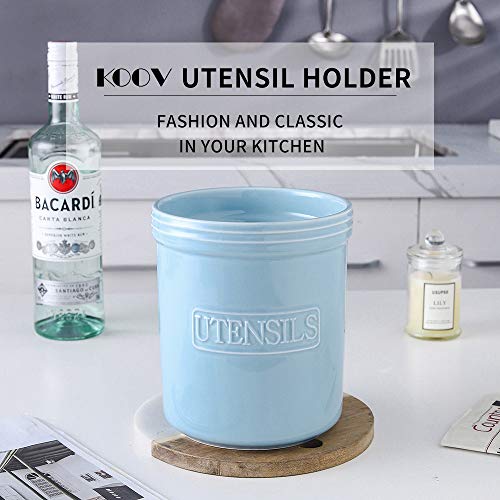 KOOV Cooking Utensil Holder, Large Ceramic Utensil Crock, Deep and Stable, Utensil Caddy for Countertop Letter Series (Sky)