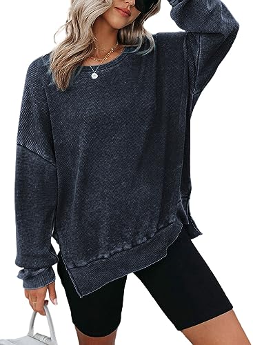 Dokotoo Womens Oversized Sweatshirt for Women Trendy Waffle Knit Long Sleeve Crewneck Comfy Loose Soft No Hood Casual Pullover Athletic Sweatshirts Tunic Tops Fall Clothes 2025 Outfits Blue XX-Large