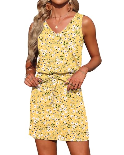 Image of AUSELILY Womens Summer Sleeveless V-Neck Drawstring Waist Beach Cover up Mini Short Swing Dresses with Pockets