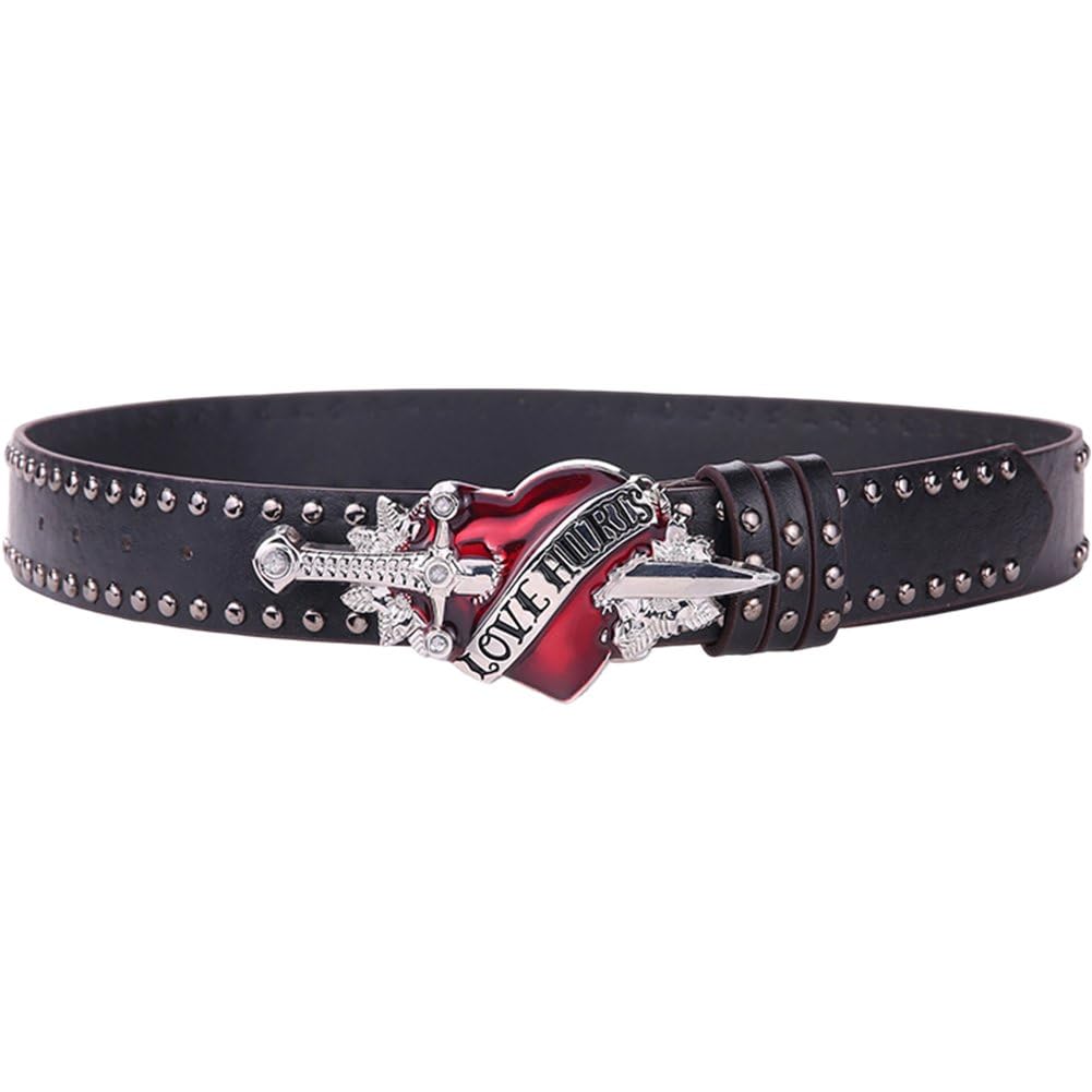 Unisex Red Heart Goth Belts Punk Studded Rivet Waist Belt 
