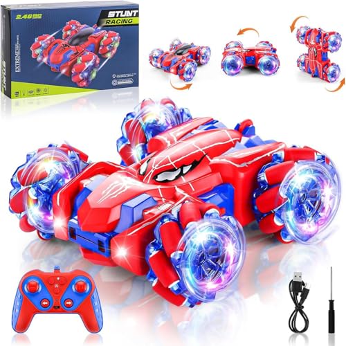 Spider Remote Control Car, Double Sided 360°Rotating USB Direct Charging RC with Cool Lights, 2.4Ghz Drift RC Stunt Vehicle, 360°Rotating 4WD Off-Road Race Car Toys for 4-12 Boy Girl Gifts (Blue)
