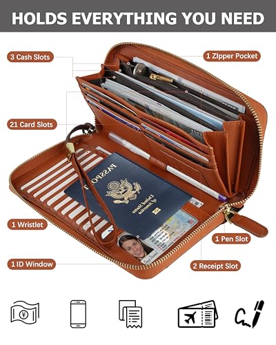Large Travel Wallet for Women,RFID Zipper Wallet with AirTag Slot,Passport Holder Clutch with Wristlet3