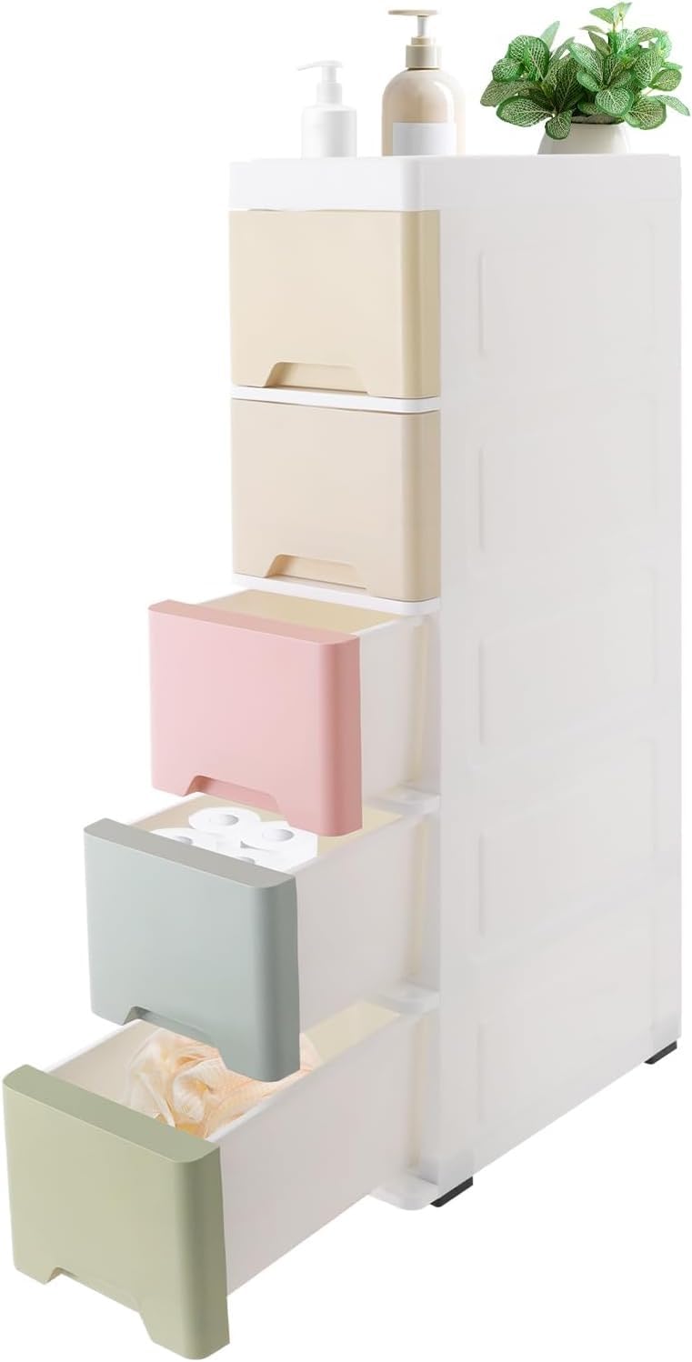 Meuble de rangement étroit avec roulettes et tiroirs en plastique lavable