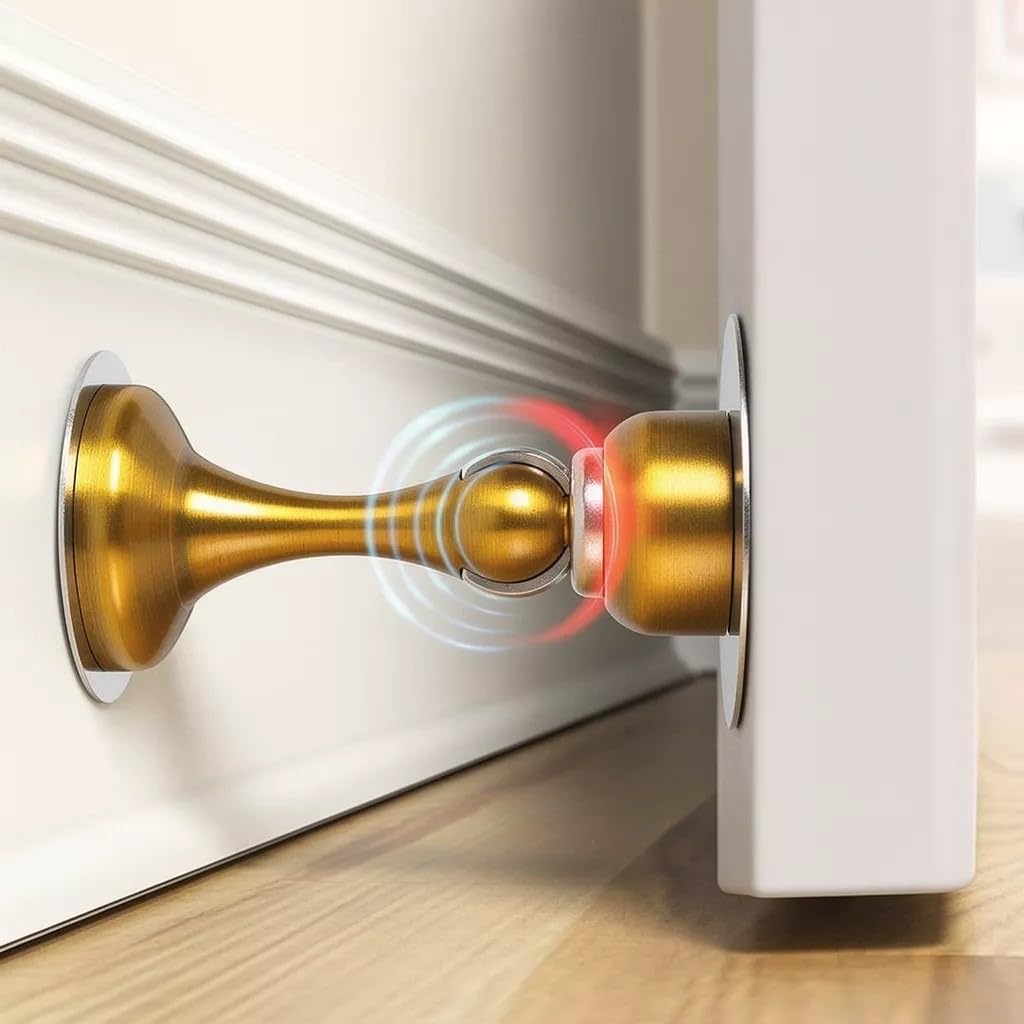 Domira Golden Premium Magnetic Door Stop - Heavy Duty Floor Mounted Doors Stoppers For Walls & Floors - Strong Magnetic Catch, Adhesive Fitting, Wall Protector, Chrome Door Stop (Multi Colors) (Golden)