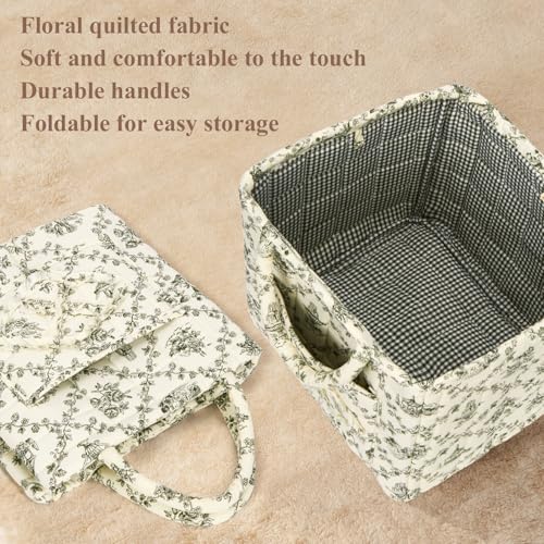Image of Quilted Fabric Basket Foldable Car Storage Boho Floral Laundry Basket Hamper for Nursery Bedroom & Living Room | Organize Clothes Toys