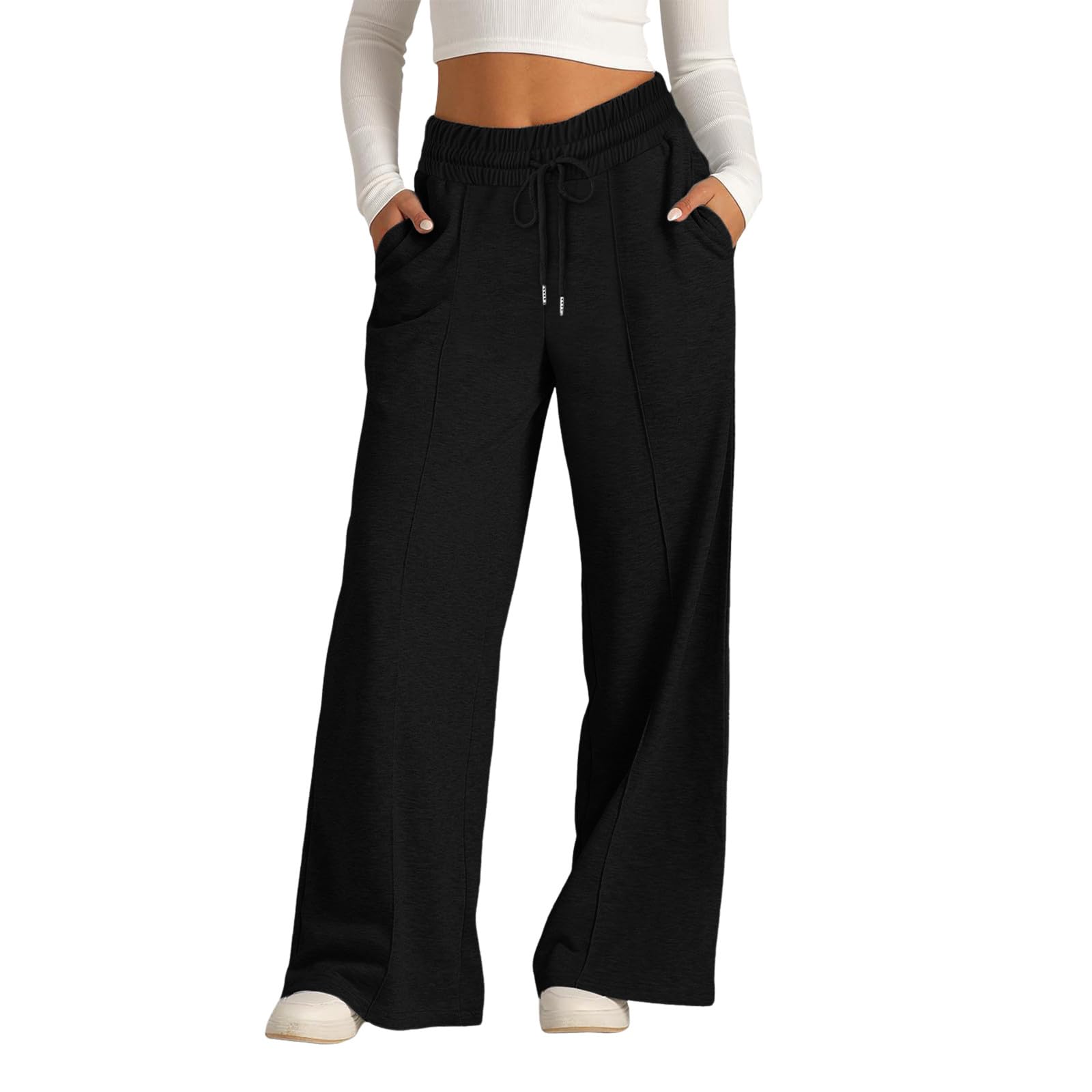 Women High Waisted Wide Leg Drawstring Pants with Pockets Plus Size Baggy Sweatpants Loose Fit Trousers