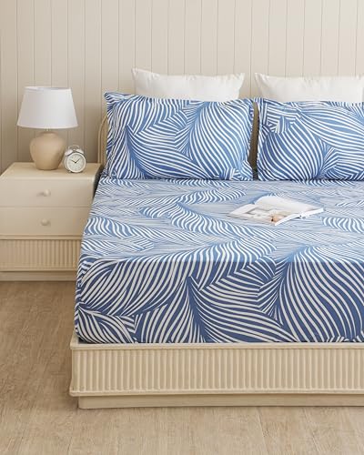 Image of HOMEMONDE Single Size Bedsheet | Cotton Flat Sheet with One Pillow Cover | 186 TC |Feather Design| All-Season Soft Bedsheet for Single Bed (60 x 90 Inch /152 x 229 cm, Blue Feather)