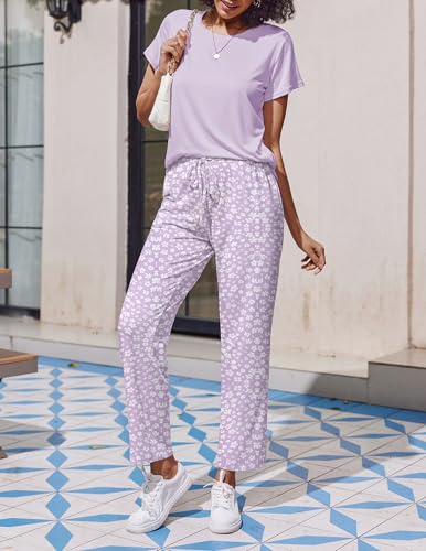 Image of Ekouaer 2 Pack Pajamas for Women Set Short Sleeve Sleepwear Top and Pants Pjs Soft Printed Lounge Sets with Pockets