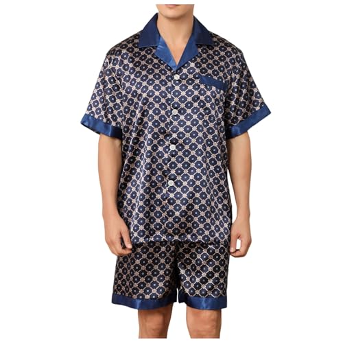 Gefomuofe Pijama corto para hombre, ropa de dormir para el hogar, diseño de lunares, traje de salón con botones, ropa para el hogar, pijama de satén clásico, Azul oscuro., S