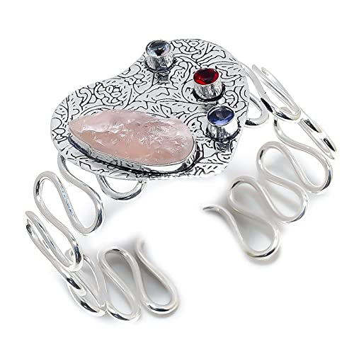 Bracelet quartz rose et grenat en argent sterling artisanal