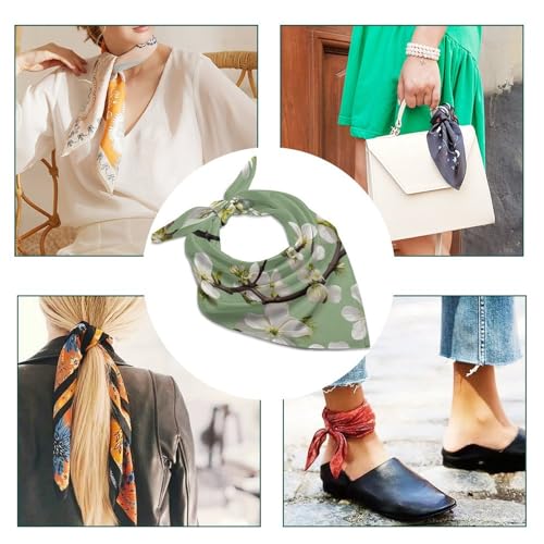 Women Square Head Scarf Boho Hair Scarf Dogwood Blossoms Head Kerchief Woman Headband Satin Bandanas Fashion Neck Scarves Silk Headwear for Bag Hair Scarves Gift 25"×25"4